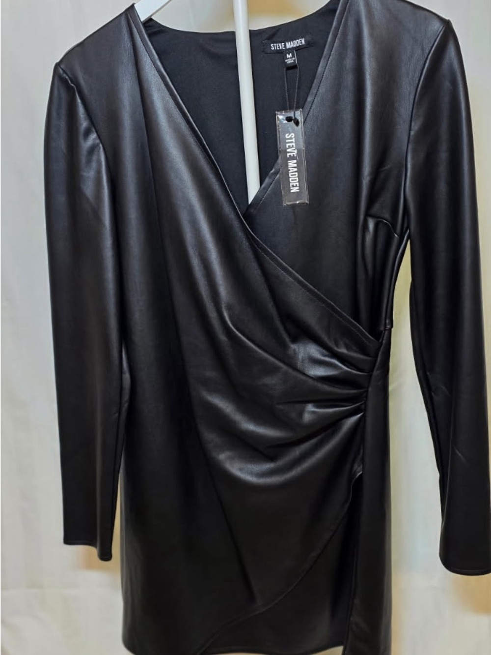 Steve Madden Black Faux Leather Wrap-Style Long Sleeve Dress